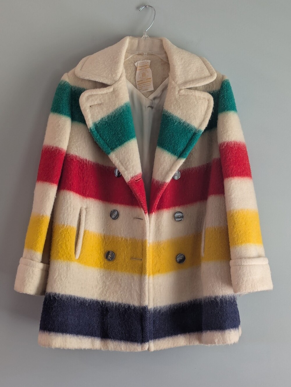 Vintage Hudson’s Bay Point Blanket Pea Coat Size Medium Striped Wool Heavy